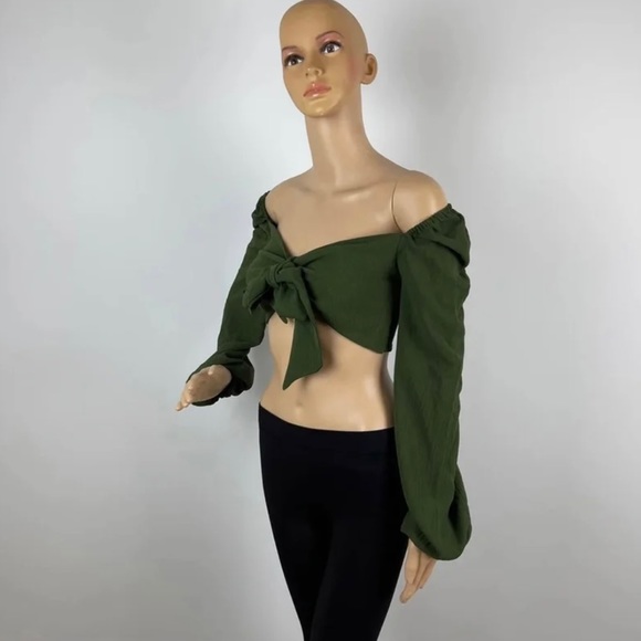 COPY - Two Piece High Slit Pants and Long Sleeve Off Shoulder Tie Front Crop T… - Picture 9 of 14